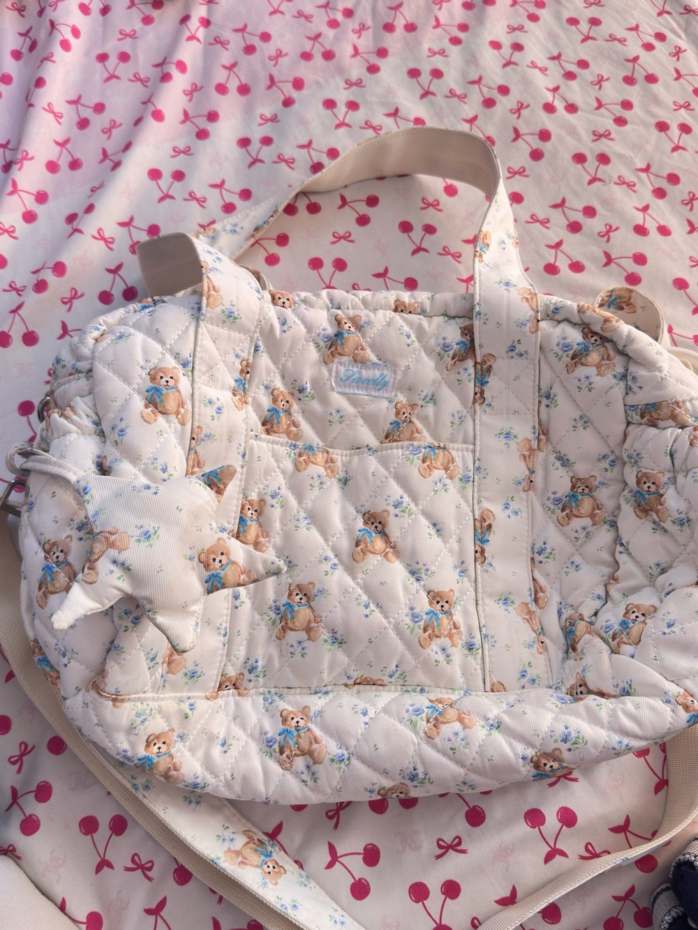 Quilted Teddy Print diaper Bag - White / Cream